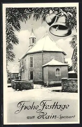 AK Hain /Spessart, Kirche im Winter, Festtagsgruss