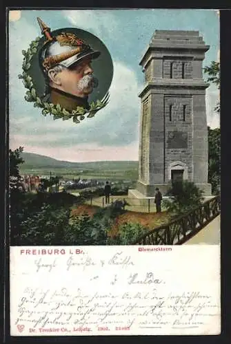 AK Freiburg i. Br., Bismarckturm mit Blick auf den Ort, Portrait