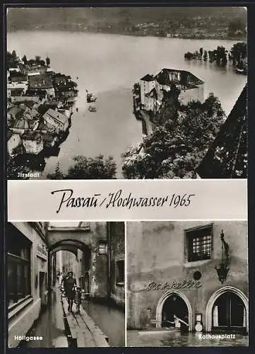 AK Passau, Hochwasser von 1965, Höllgasse, Rathausplatz