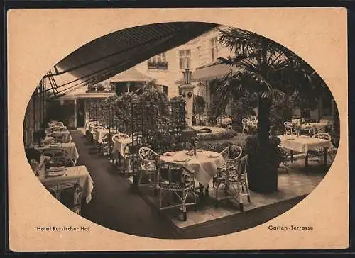 Passepartout-AK Berlin, Hotel Russischer Hof, Georgenstrasse 21-22, Garten-Terrasse
