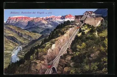 AK Bozen, Virglbahn gegen die Dolomiten, Weiche und Bergstation