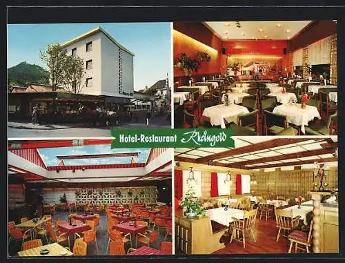 AK Königswinter, Hotel Restaurant Rheingold v. P. Mücke, Drachenfelsstrasse 36, Aussen- u. Innenansichten