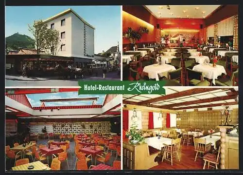 AK Königswinter, Hotel Restaurant Rheingold v. P. Mücke, Drachenfelsstrasse 36, Aussen- u. Innenansichten