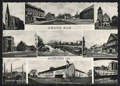 AK Misburg i. H., Bahnhofstrasse, Hindenburg-Schleuse, Zementfabrik Germania