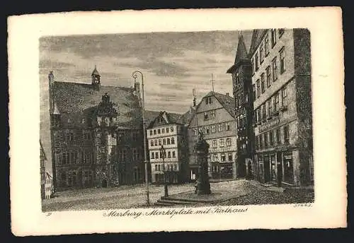 Künstler-AK Marburg, Marktplatz mit Rathaus