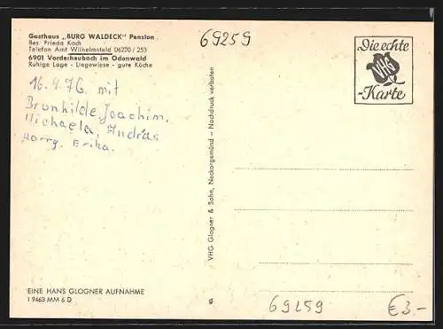 AK Vorderheubach im Odenwald, Gasthaus u. Pension Burg Waldeck