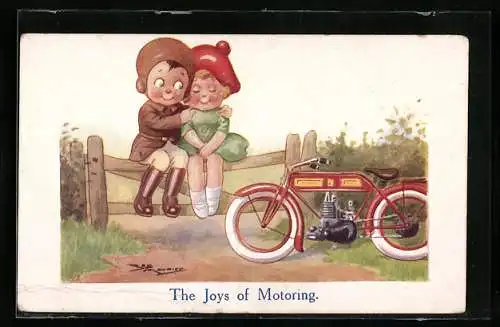 Künstler-AK Maurice: Kinderpärchen mit Motorrad