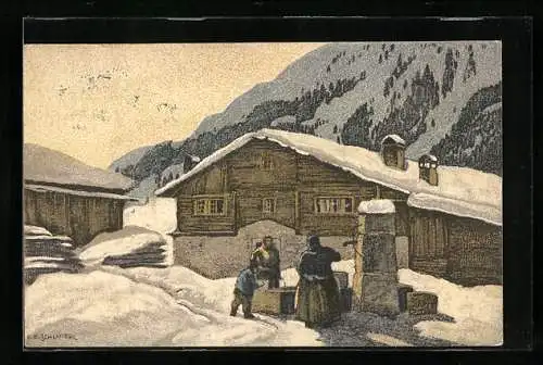Künstler-AK Ernst E. Schlatter: Bauern am Brunnen vor dem Haus im Winter