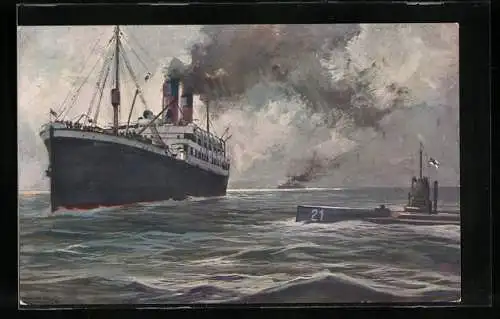 Künstler-AK U 21 hält grossen englischen Dampfer im Kanal an