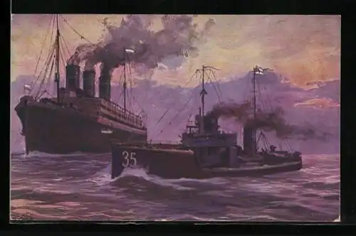 Künstler-AK Hans Rudolf Schulze: Dt. Torpedoboot kapert russ. Hilfskreuzer im Finnischen Meerbusen