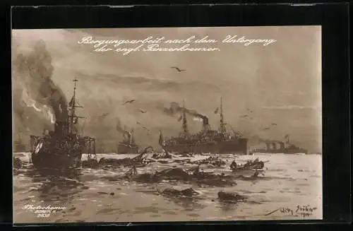 Künstler-AK Willy Stoewer: Bergungsarbeiten nach dem Untergang der engl. Panzerkreuzer
