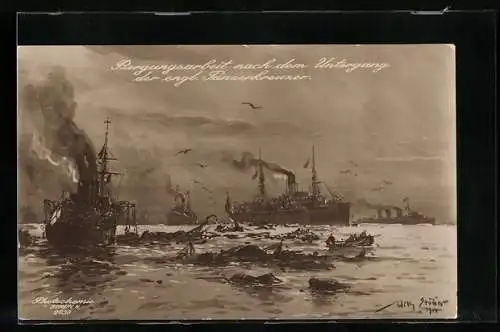 Künstler-AK Willy Stoewer: Bergungsarbeiten nach dem Untergang der englischen Panzerkreuzer