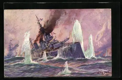 Künstler-AK Stoewer: Seegefecht in der Nordsee, 24.1.1915, Englischer Schlachtkreuzer im Salvenfeuer deutscher Kreuzer