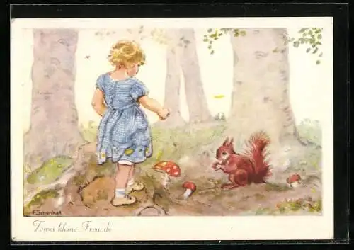 Künstler-AK Franziska Schenkel: Zwei kleine Freunde, Mädchen mit Eichhörnchen