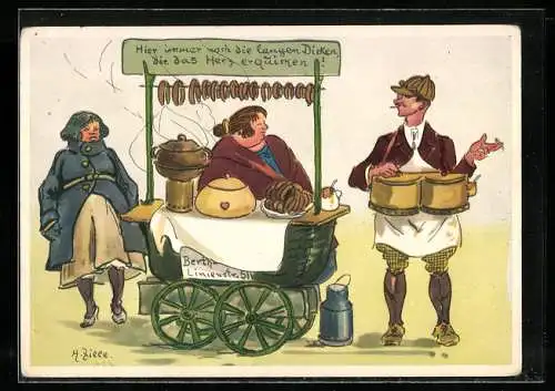 Künstler-AK Heinrich Zille: Wurstverkäuferin am Stand und Kollege mit umgehängtem Kessel