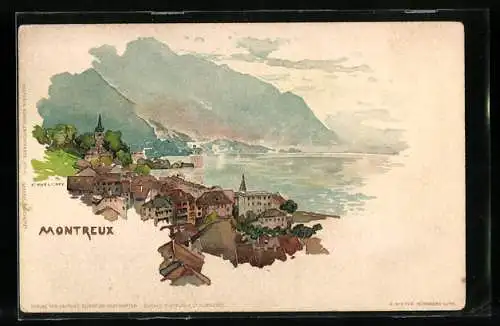 Künstler-AK Fritz Voellmy: Montreux, Totalansicht mit Kirche und Seeblick