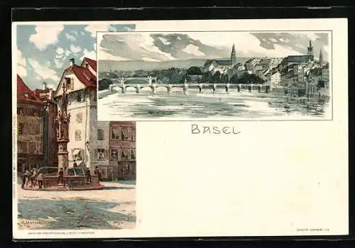 Künstler-AK Karl Mutter: Basel, Ortsansicht, Springbrunnen