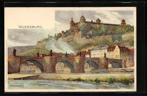 Künstler-AK K. Mutter: Würzburg Marienberg mit Brücke über den Fluss