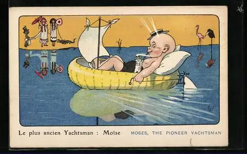 Künstler-AK Jean-Marie Michel Liebeaux: Le plus ancien Yachtsman, Moise, Knabe liegt in einem Ruderboot