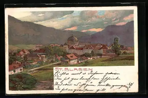Künstler-AK Karl Mutter: St. Blasien, Panoramablick mit Gebirge