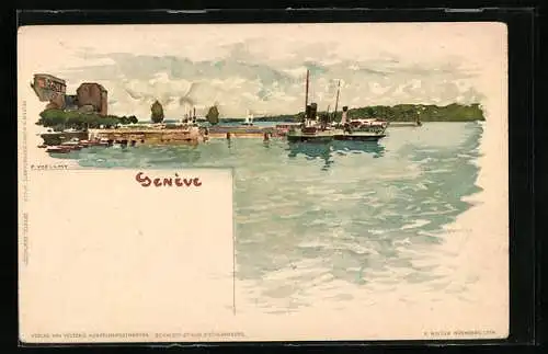Künstler-AK Fritz Voellmy: Geneve, Dampfer am Anleger