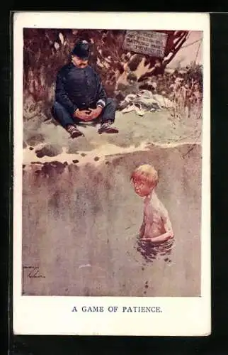 Künstler-AK Lawson Wood: Badender Knabe und schlafender Polizist