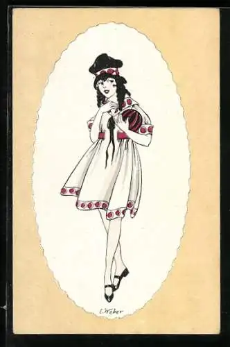 Künstler-AK E. Weber: Mädchen im kurzen Kleid mit roten Punkten trägt einen Ball