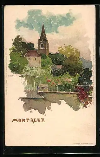 Künstler-Lithographie Fritz Voellmy: Montreux, Kirche