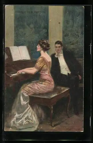 Künstler-AK Clarence F.Underwood: A Symphony of Hearts, Frau spielt ihm auf dem Klavier vor