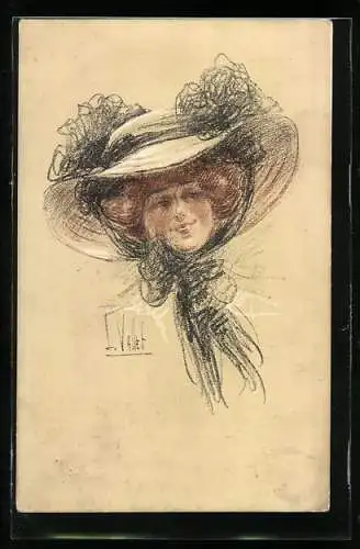 Künstler-AK Louis Vallet: Schönheit mit breitkrempigem Hut