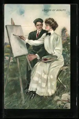 Künstler-AK Clarence F. Underwood: Kunst und Liebe. Junges Paar an der Staffelei