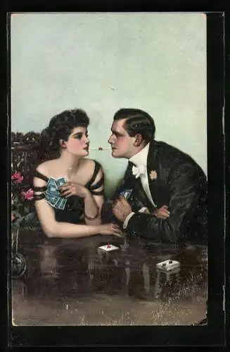 Künstler-AK Clarence F. Underwood: Paar beim Kartenspiel, Der zündende Funke