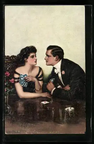 Künstler-AK Clarence F. Underwood: Paar beim Kartenspiel, Der zündende Funke