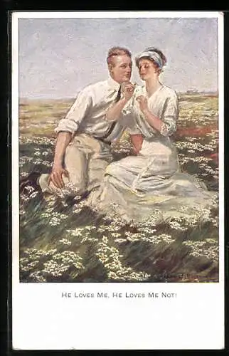 Künstler-AK Clarence F. Underwood: Liebespaar auf Wiese mit Blumenorakel