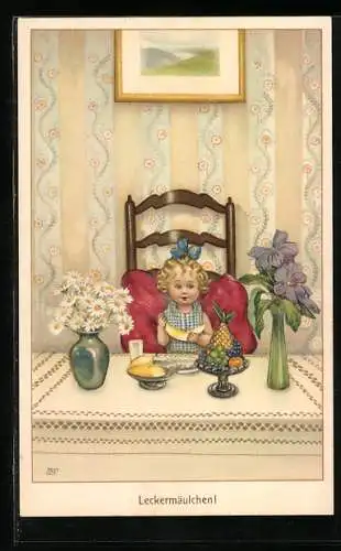 Künstler-AK Susan Beatrice Pearse: kleines Leckermäulchen am Frühstückstisch