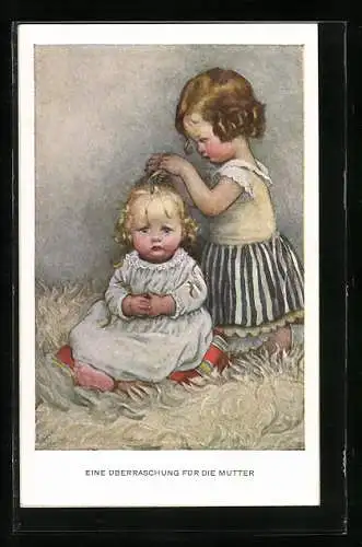 Künstler-AK Susan Beatrice Pearse: Mädchen schneidet Baby die Haare