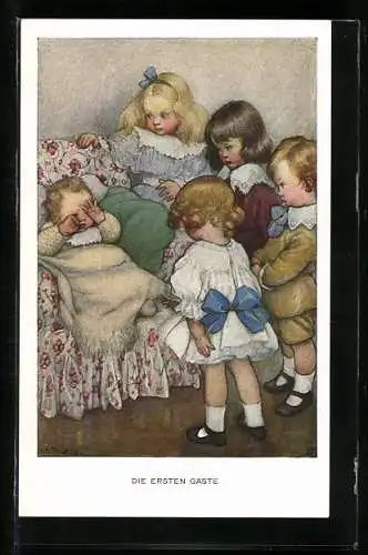 Künstler-AK Susan Beatrice Pearse: Die ersten Gäste, Kinder besuchen ein Kleinkind