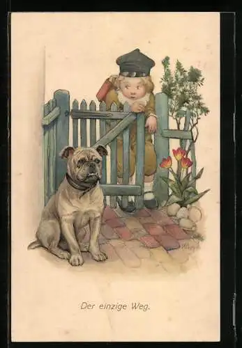 Künstler-AK Susan Beatrice Pearse: Der einzige Weg, Bulldogge und Schulkind, Wachhund