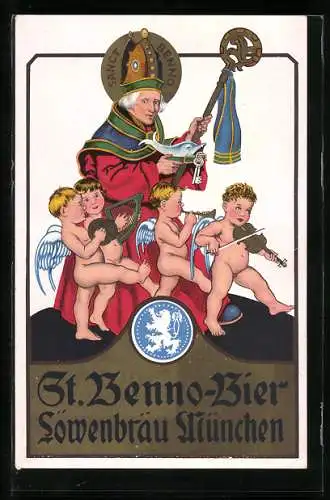 AK Brauerei-Werbung, Engel mit St. Benno werben für Löwenbräu München