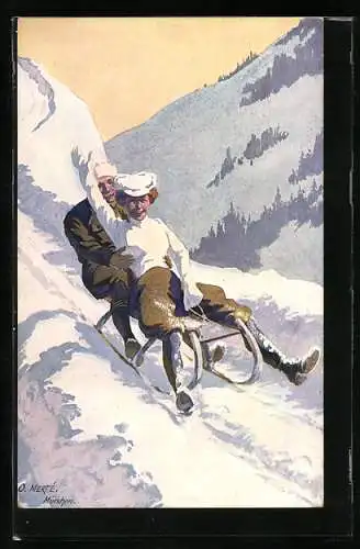 Künstler-AK O. Merte: Paar auf einem Schlitten im Winter