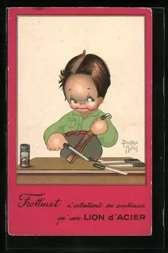 Künstler-AK Beatrice Mallet: Frottinette, Lion d`Acier, Junge schärft Messer