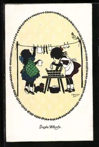 Künstler-AK Friedrich Kaskeline: Schattenbild, Zwei Mädchen bei der grossen Wäsche