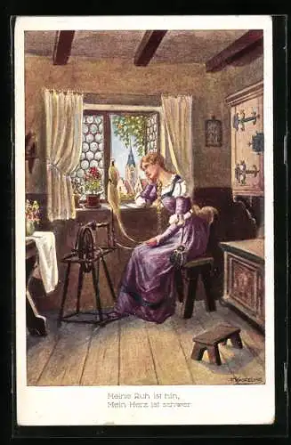 Künstler-AK Friedrich Kaskeline: Meine Ruh ist hin, mein Herz ist schwer, Frau mit Liebeskummer sitzt am Fenster