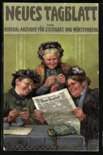 Künstler-AK Fritz Reiss: Drei charmante Damen lesen das Neue Tagblatt