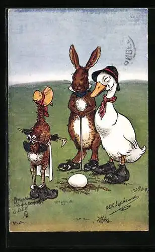 Künstler-AK George Edward Shepheard: Osterhase mit Huhn und Ente