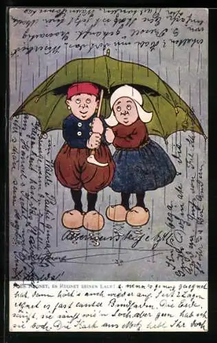 Künstler-AK George Edward Shepheard: Es regnet seinen Lauf, Holländisches Paar unter Regenschirm