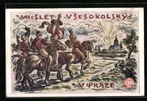 AK VII. Slet Vsesokolsky V Praze 1920, Reiter mit Fahne, Sokol