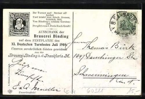 AK XI. Deutsche Turnfest Juli 1908, Ausschank der Brauerei Binding auf dem Festplatz