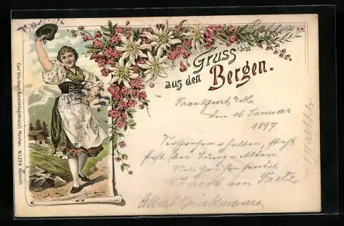 Lithographie Frau in Tracht in den Bergen