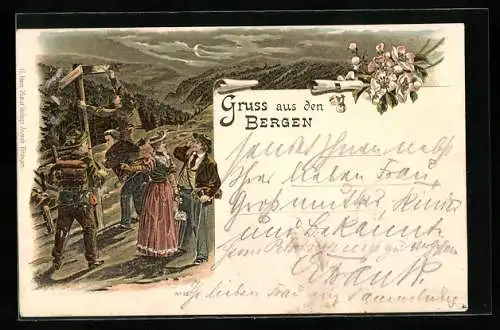 Lithographie Menschen in Tracht beim Bergsteigen
